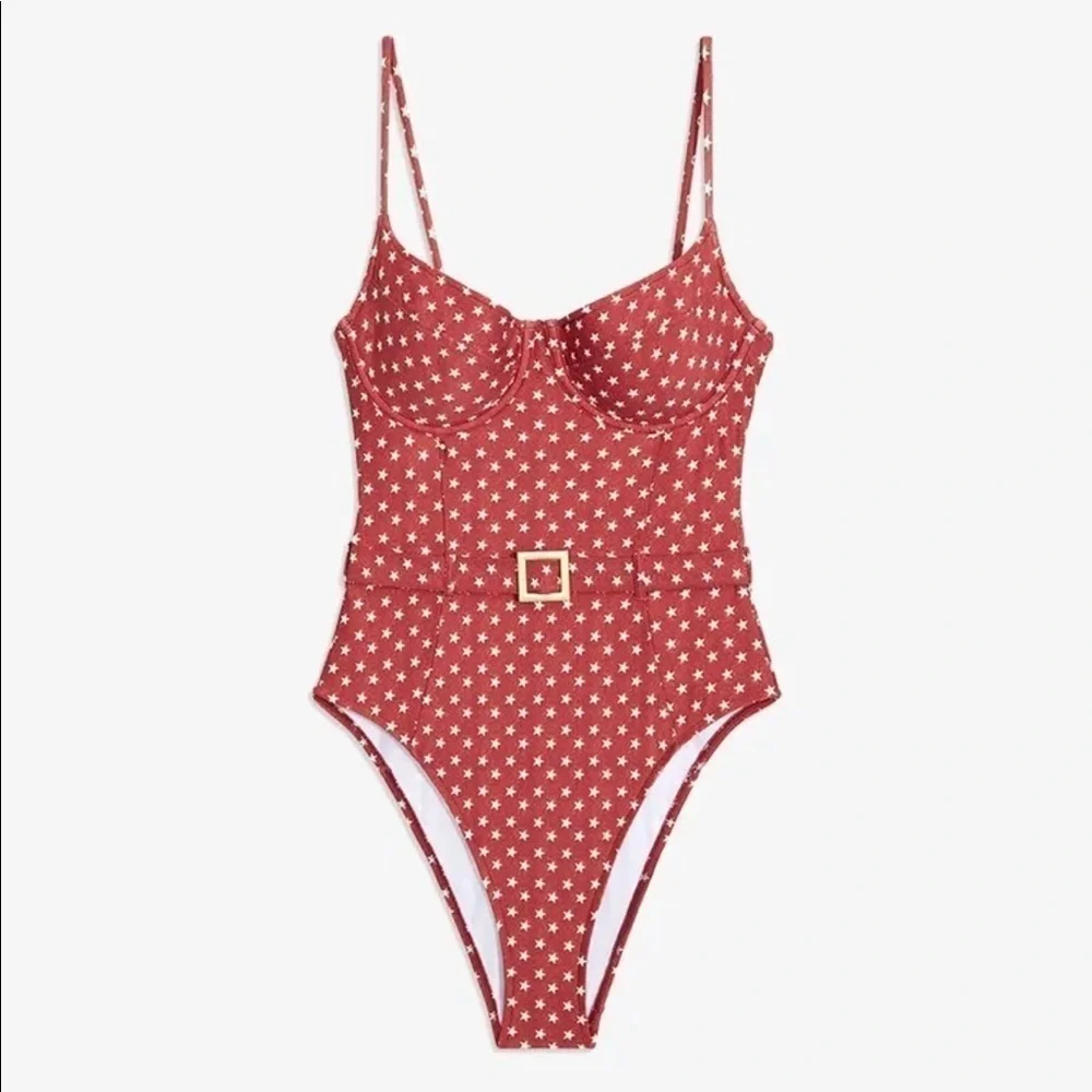 WeWoreWhat DARK RED STARS Print Danielle Belted One-Piece Swimsuit